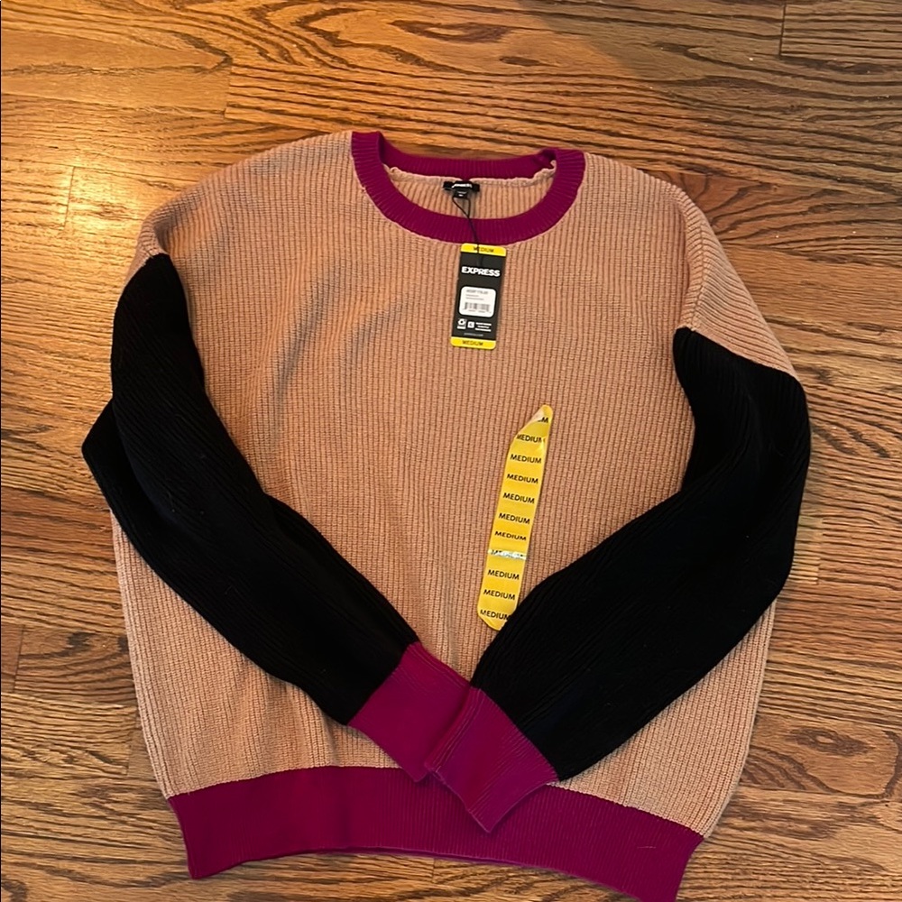Express Tan and Black Crew Neck Sweater with Color-Blocking